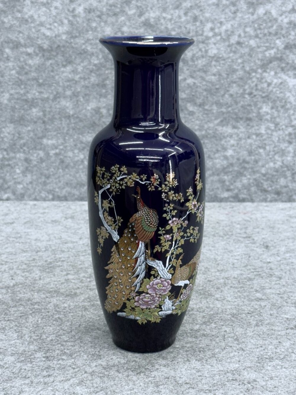 Vintage Yamato Japanese Cobalt Blue Porcelain Vase Peacock & Cherry Blossom 11"